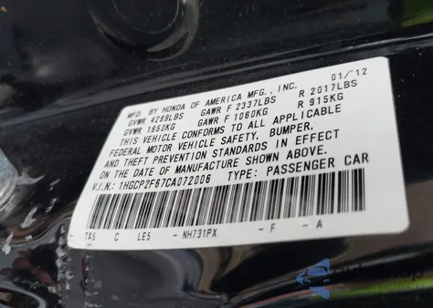 2012 Honda Accord 2.4 Se from USA, damaged, VIN 1HGCP2F67CA072006
